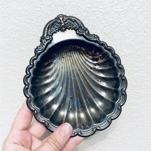 Vintage Silver Shell Dish Scallop Trinket Tray Floral Embossed Ornate Deco